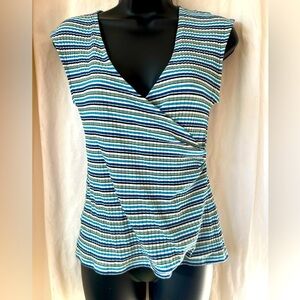 Redhaute Women's Sz M Striped Side Sweep V Neck Blouse Shades Of Blue